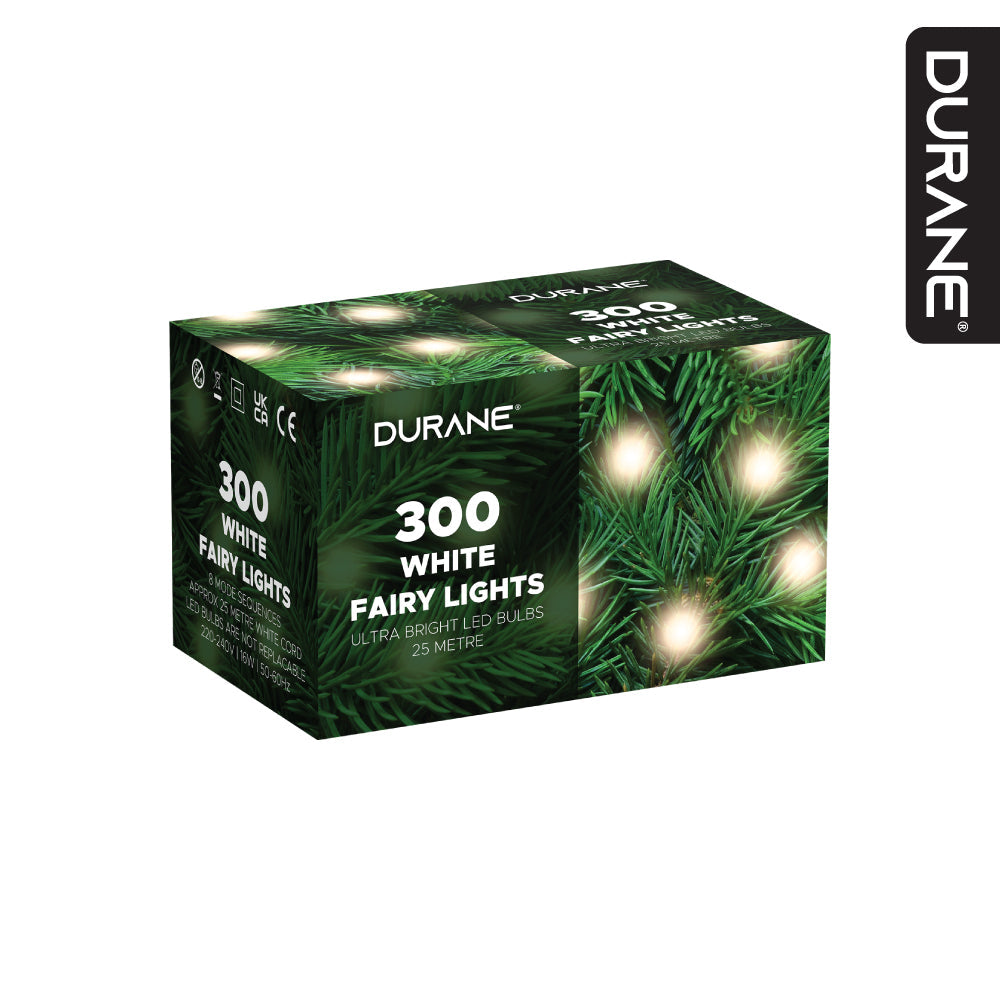 Durane LED Fairy Light String White Wire 25m 300 Bulbs White 10180 (Parcel Rate)