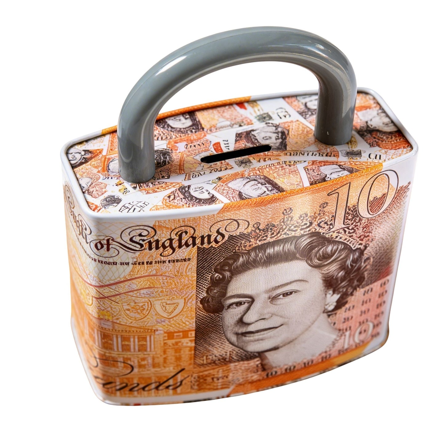 Queen Elizabeth Pound Note Reusable Coin Money Tin Box with Padlock Shape, Handle &amp; Assorted Designs – 211g, 16.5 x 9.5 x 26.5cm, SKU PAD001A