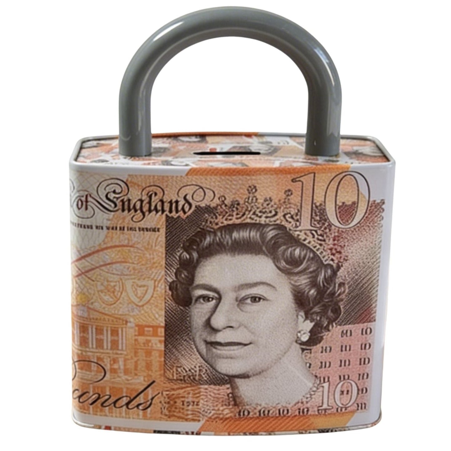Queen Elizabeth Pound Note Reusable Coin Money Tin Box with Padlock Shape, Handle &amp; Assorted Designs – 211g, 16.5 x 9.5 x 26.5cm, SKU PAD001A