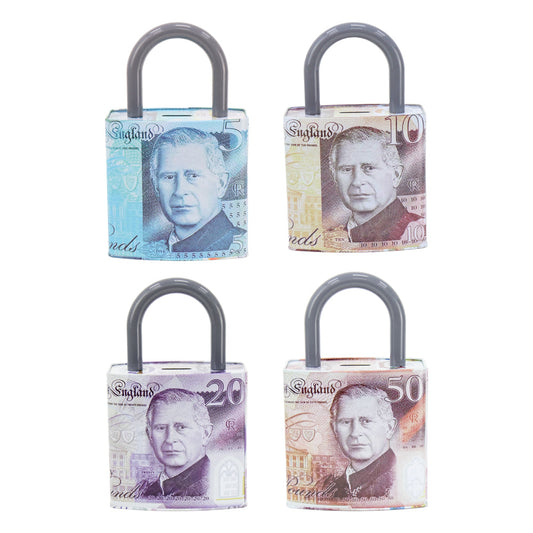 King Charles Pound Note Reusable Coin Money Tin Box Padlock Shape with Handle 16.5 x 9.5 x 26.5cm Assorted Designs  MTH 11890 (Parcel Rate)