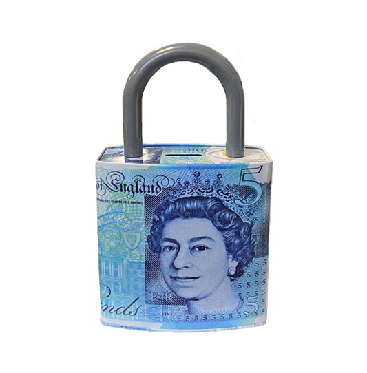 Queen Elizabeth Pound Note Reusable Coin Money Tin Box Padlock Shape with Handle 16.5 x 9.5 x 26.5cm Assorted Designs MTH 12095 (Parcel Rate)