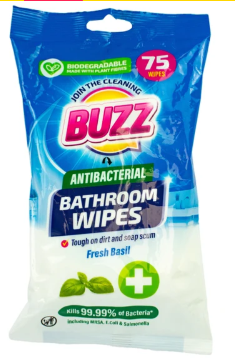 Buzz Biodegradable Bathroom Anti-Bac Wipes 75pk Basil Blossom 324843