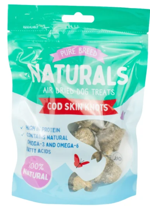 Support Healthy Skin & Coat – Pure Breed Naturals Air-Dried Cod Skin Knots Dog Treats 45g SKU 4057
