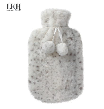 2 Litre Hot Water Bottle with Rabbit Fur Cover and Poms SKU 3676