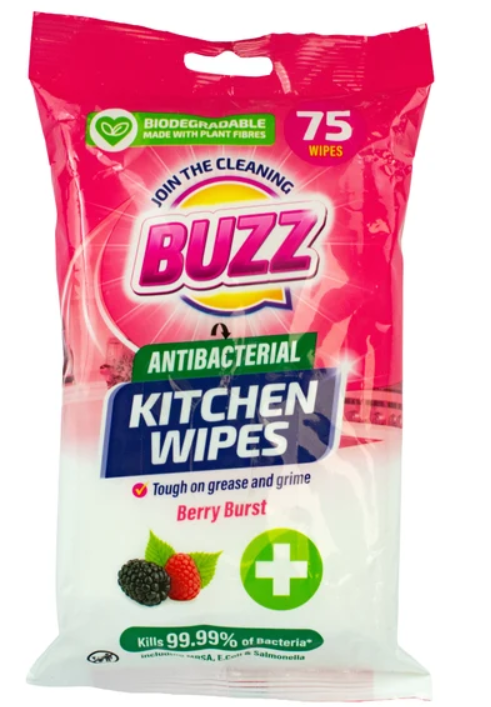 Buzz Biodegradable Kitchen Anti-Bac Wipes 75pk Berry Burst 324841