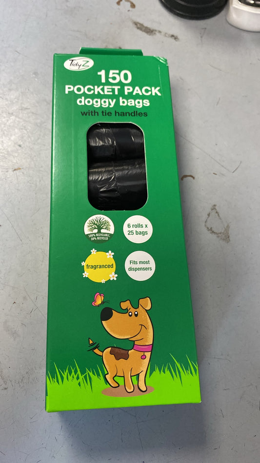 150 Pocket Pack Doggy Bags With Tie Handles 19x7x4cm 175g
