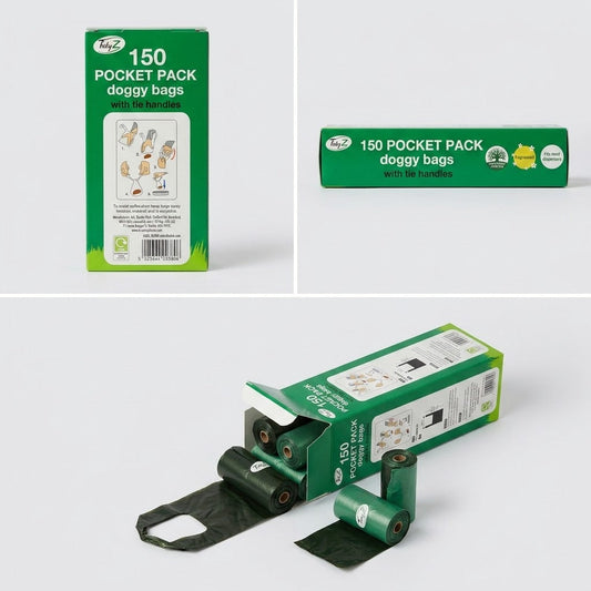 150 Pocket Pack Doggy Bags With Tie Handles 19 x 7 x 4cm 175g