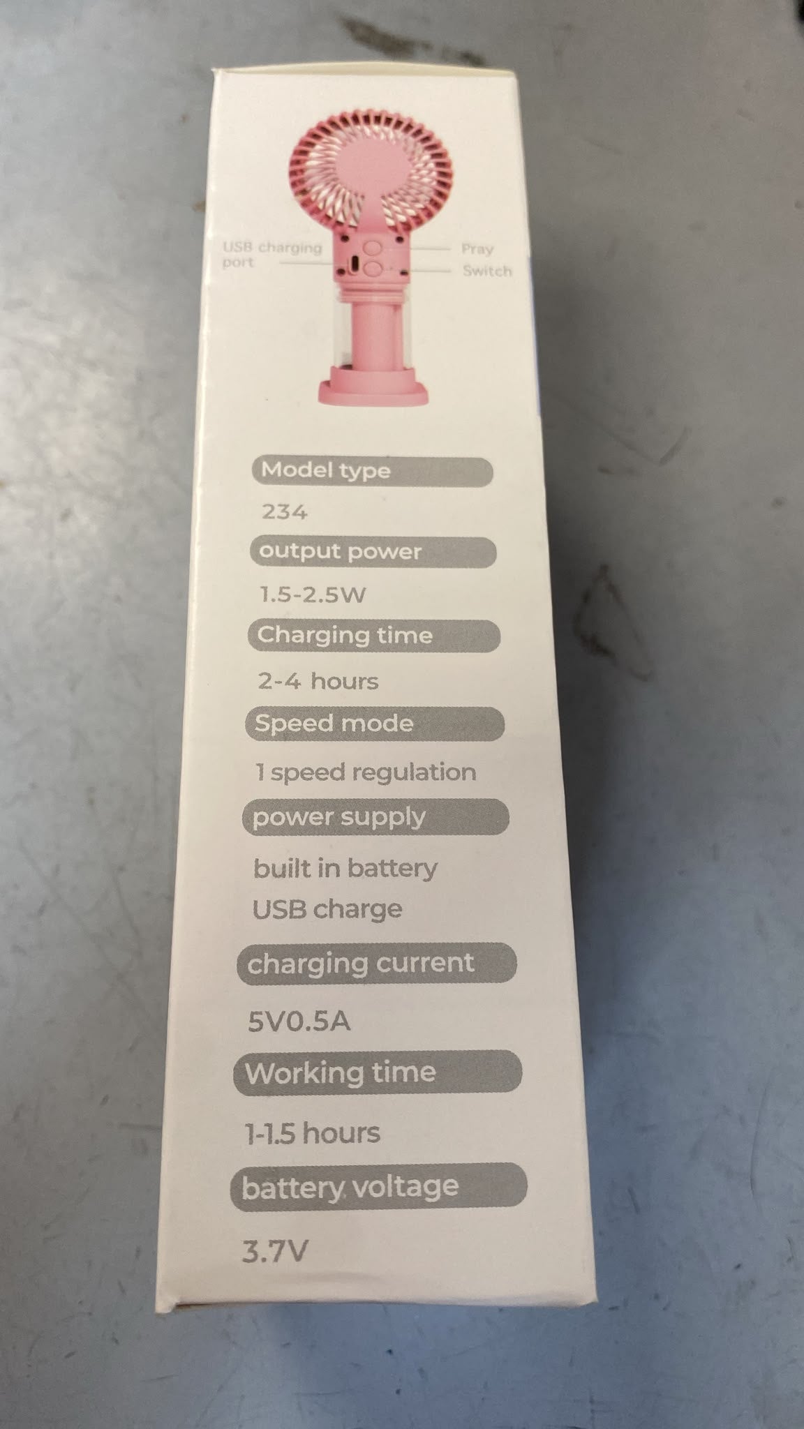 Water Spray Mini Handheld Fan With Phone Stand 1.5-2.5W-Output 3.7V-Battery 1-1.5Hrs 1Speed USB-Charge SG-9062 8x17x5cm 125g