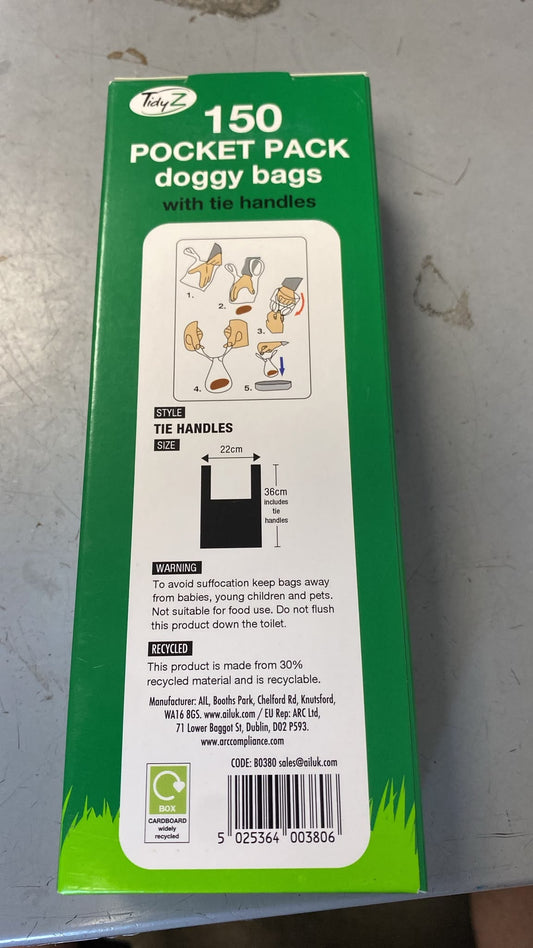 150 Pocket Pack Doggy Bags With Tie Handles 19x7x4cm 175g