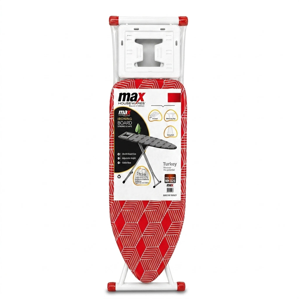 Max Housewares Ironing Board 38 x 120cm Adjustable Height Mesh Surface White Legs SKU MH-028