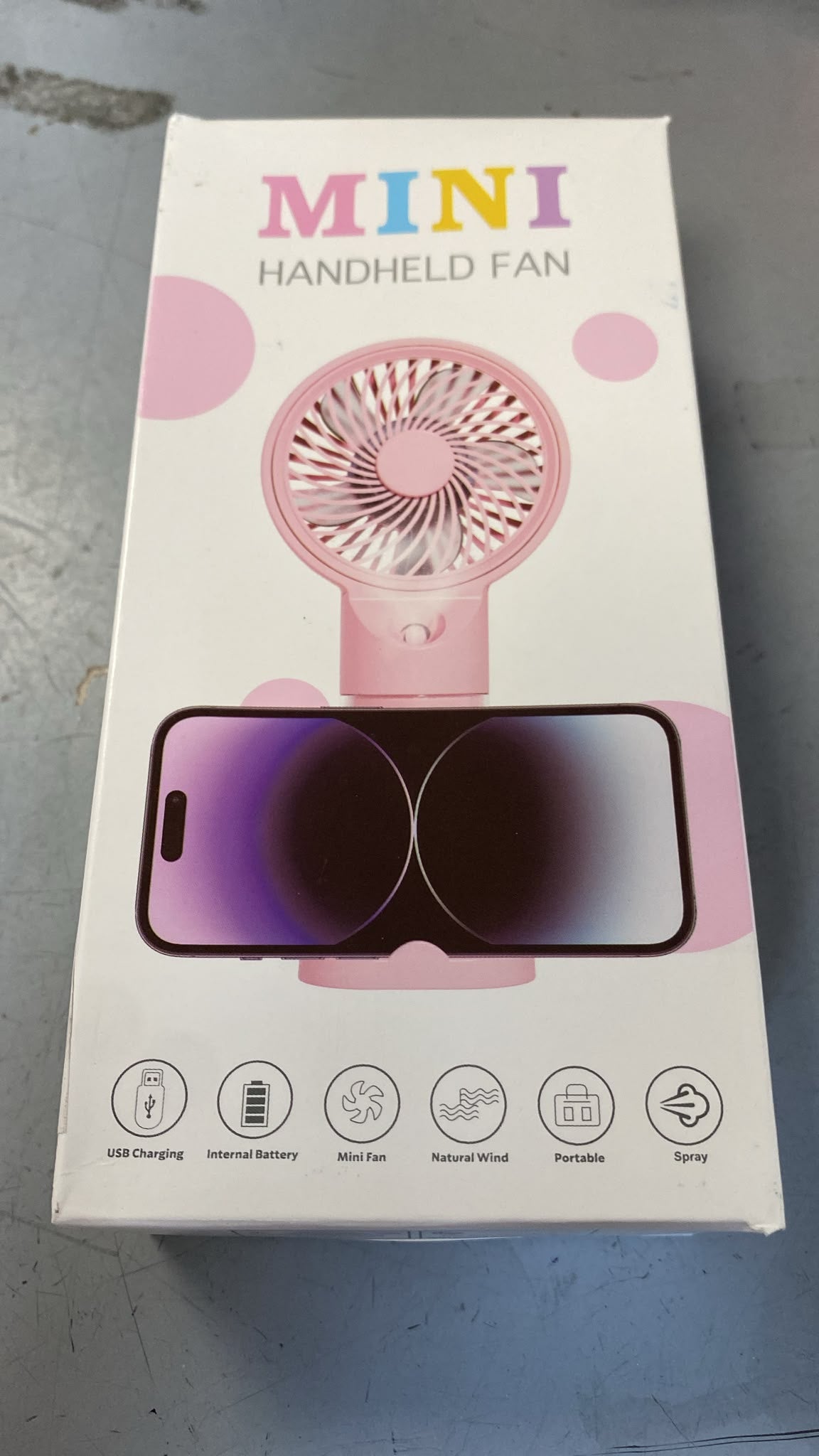 Water Spray Mini Handheld Fan With Phone Stand 1.5-2.5W-Output 3.7V-Battery 1-1.5Hrs 1Speed USB-Charge SG-9062 8x17x5cm 125g
