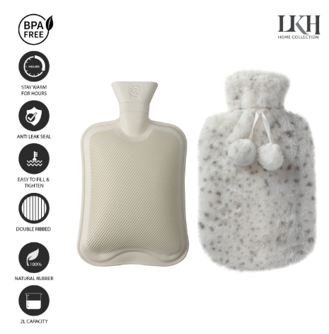 2 Litre Hot Water Bottle with Rabbit Fur Cover and Poms SKU 3676