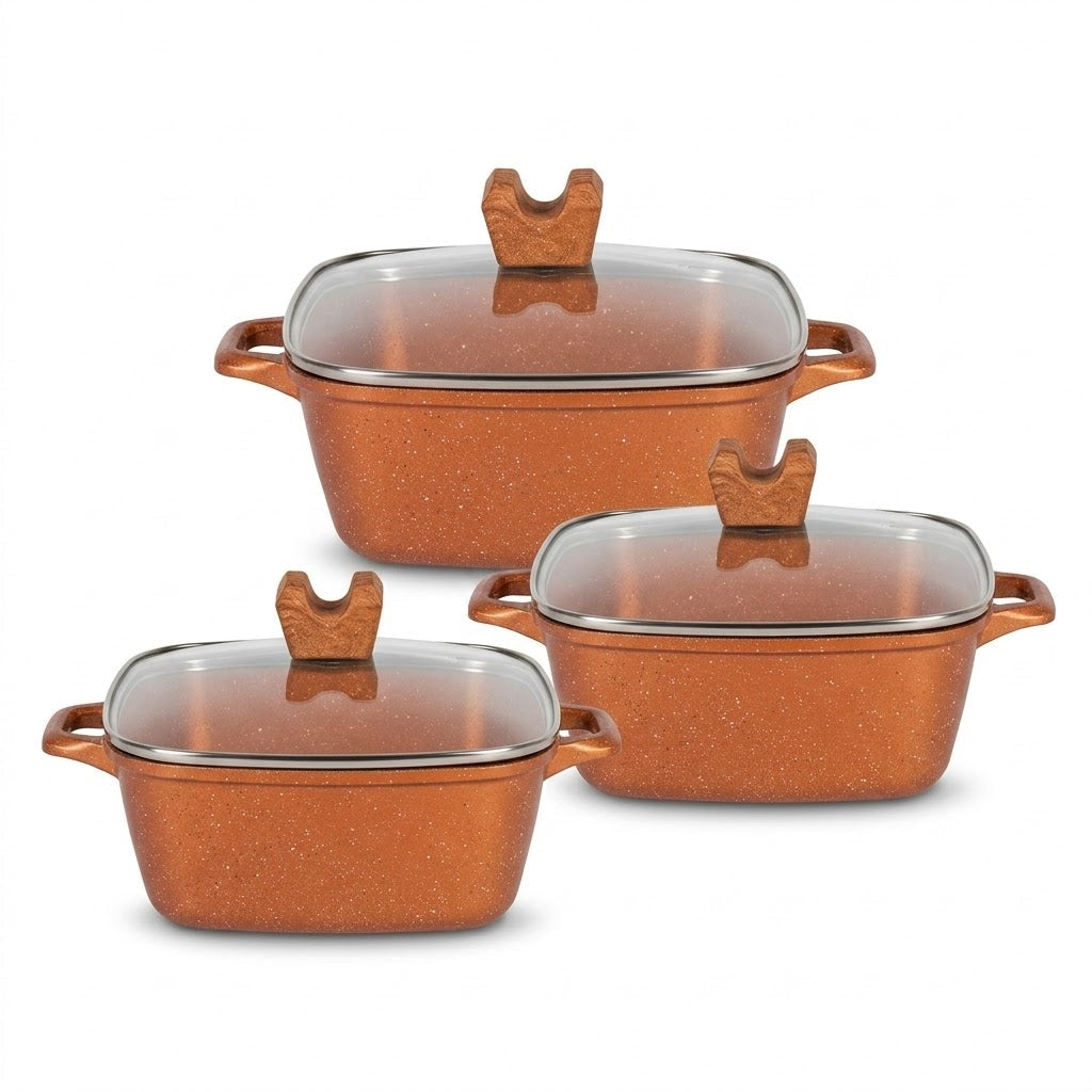 Die-Cast Casserole Gold 3-Piece Set with Glass Lids, 20cm/24cm/28cm, 3.0L/4.5L/7.0L, SKU DL90153
