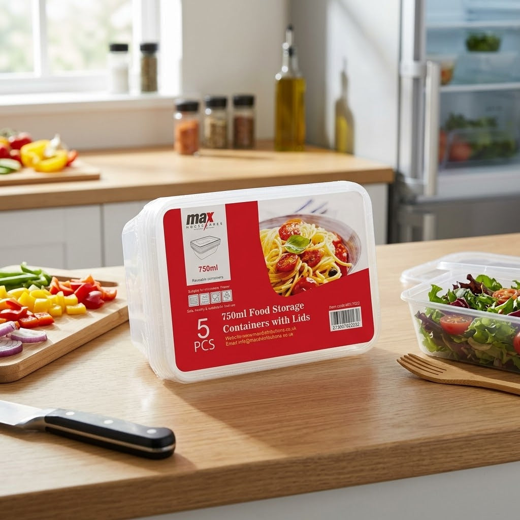 750ml Microwave Food Storage Containers, Pack of 5, Polypropylene, 18 x 13 x 9cm, 125g, SKU MX7022