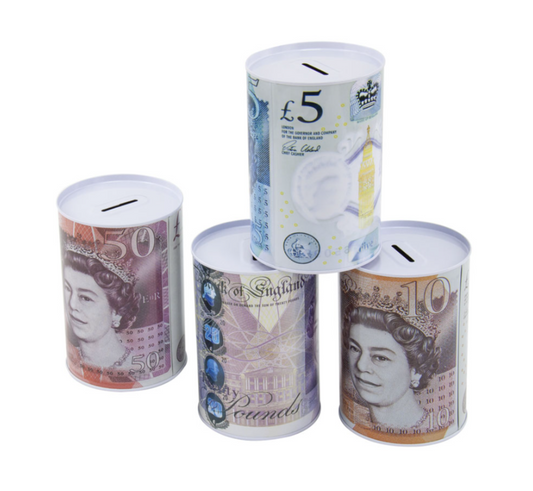 MTS75 Small Coin Money Tin Piggy Bank Savings Box 10 x 15cm Assorted Designs King / Queen 4839 (Parcel Rate)