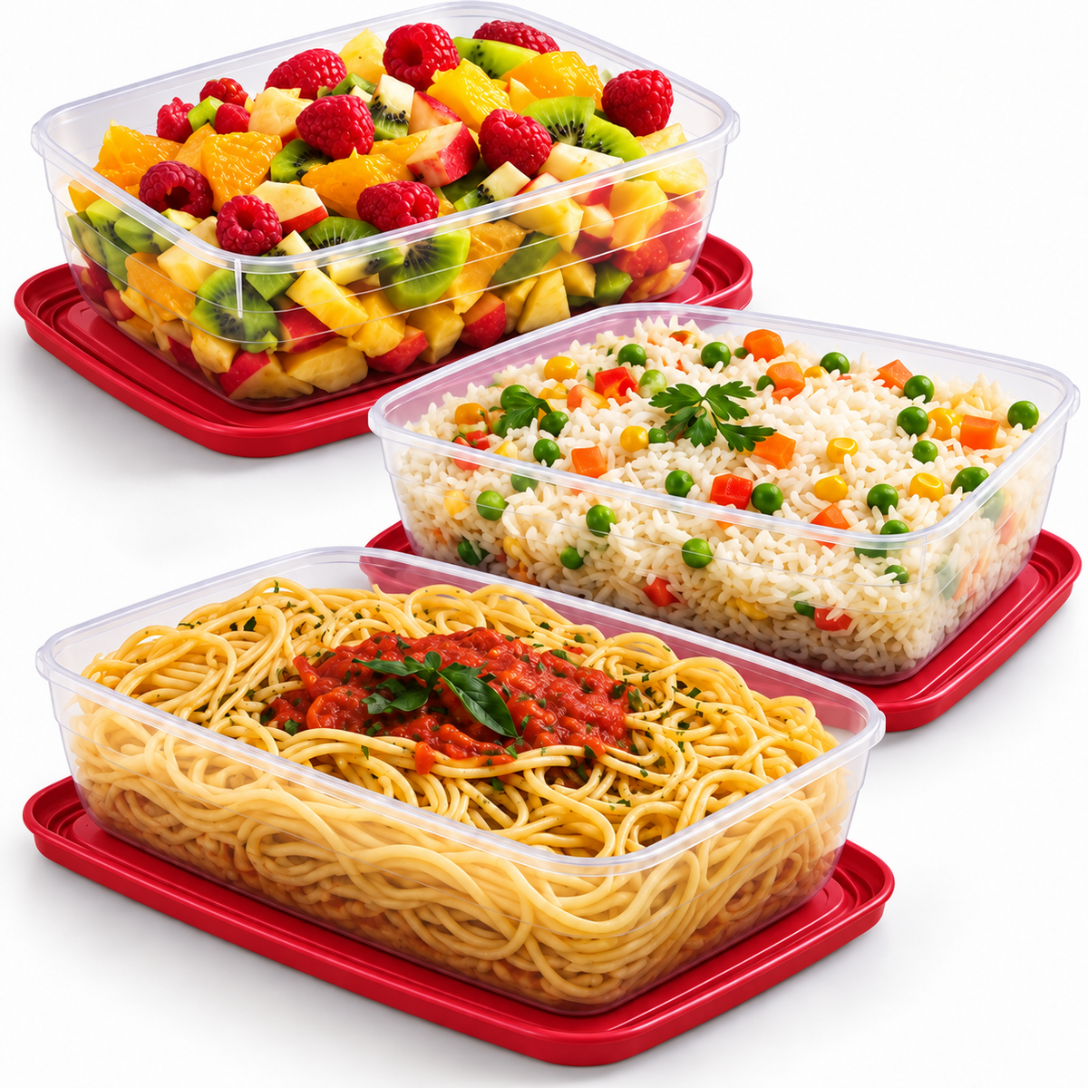 Lamsa Plast Master Plastic Food Containers for Kitchen Storage 3 Pack 99% Airtight Red 1.2L 1.8L 3.0L 375g SKU MW-6222045905735-PP