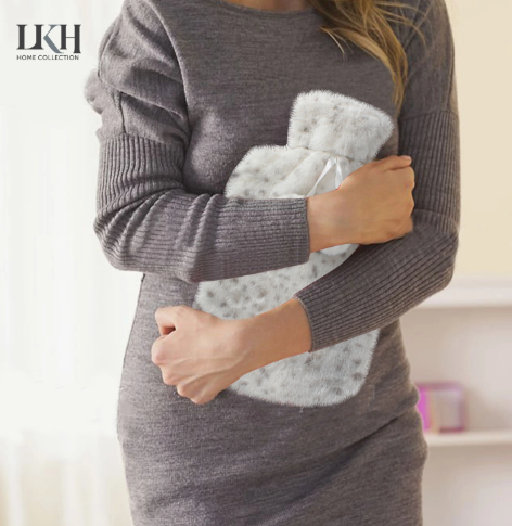 2 Litre Hot Water Bottle with Rabbit Fur Cover and Poms SKU 3676
