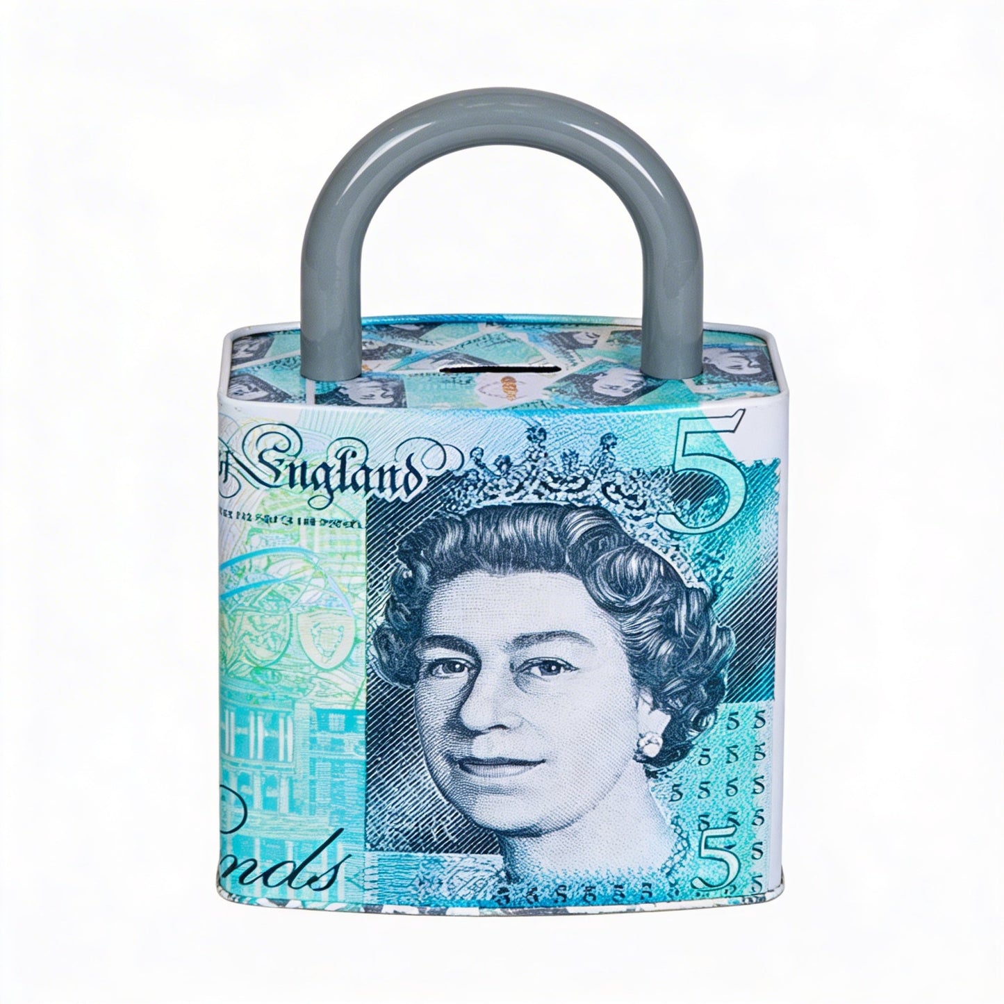 Queen Elizabeth Pound Note Reusable Coin Money Tin Box with Padlock Shape, Handle &amp; Assorted Designs – 211g, 16.5 x 9.5 x 26.5cm, SKU PAD001A