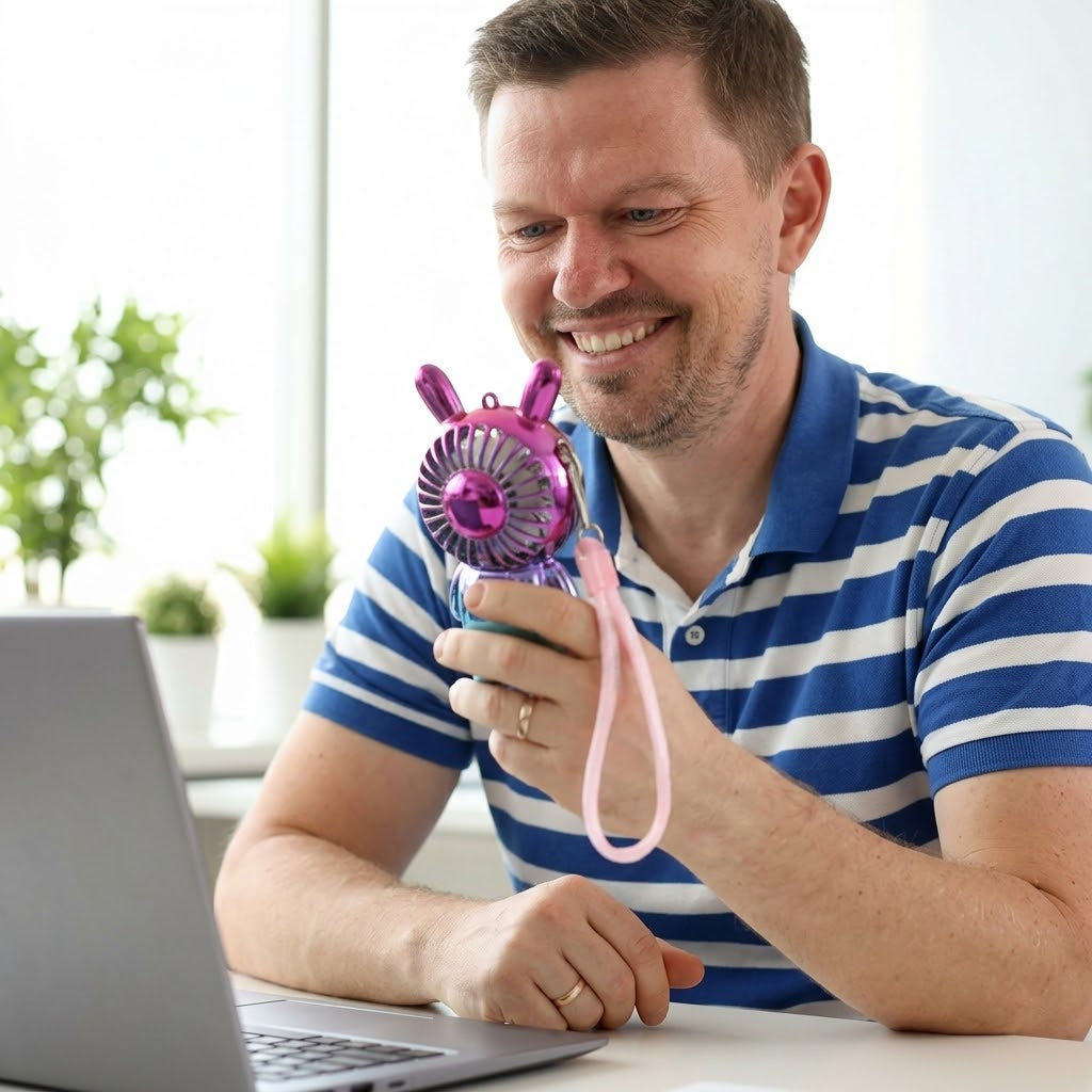 Mini Electric Hand Fan, Bear Shape, 6 x 12.3 x 5 cm, USB Rechargeable, Assorted Colours, SKU 7414B