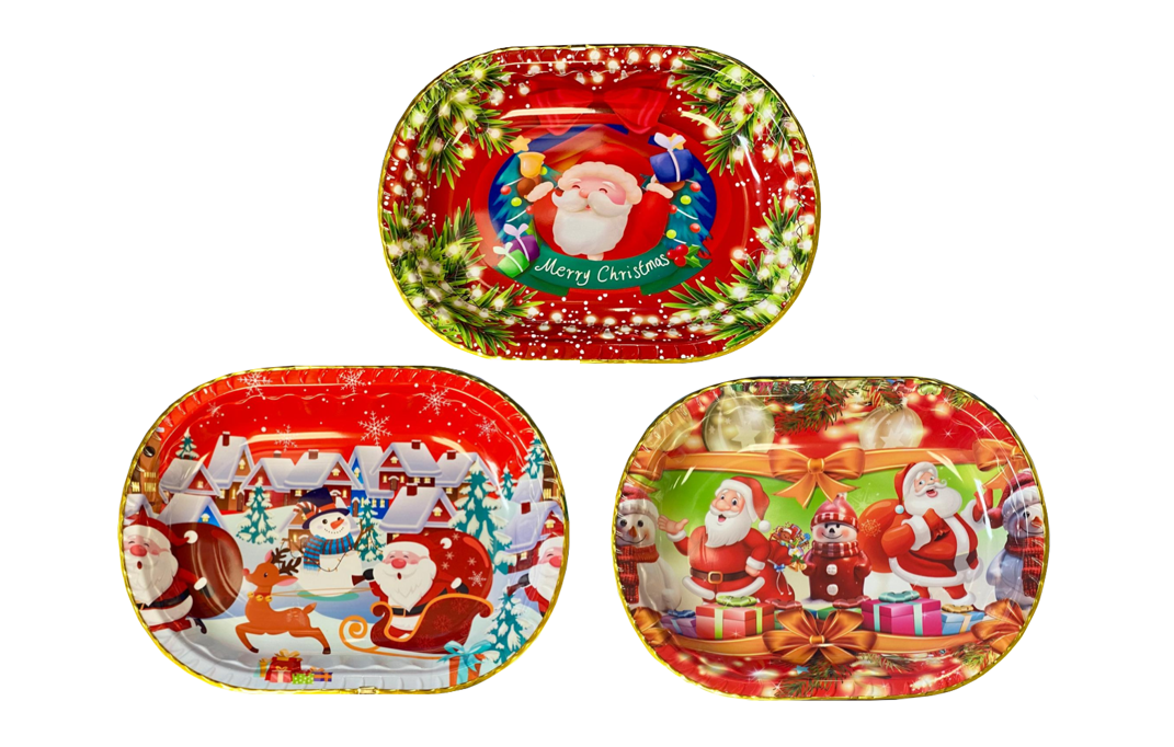 Plastic Festive Christmas Serving Tray with Printed Design and Gold Rim 35.5 x 27 x 4cm Assorted Designs 8026 (Parcel Rate)