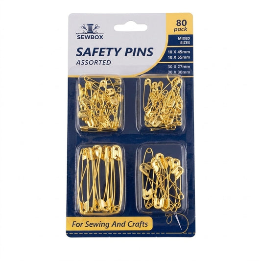 Safety Pins 80-Pack Mixed Sizes (10×45mm, 10×55mm, 30×27mm, 30×30mm) SKU SW2