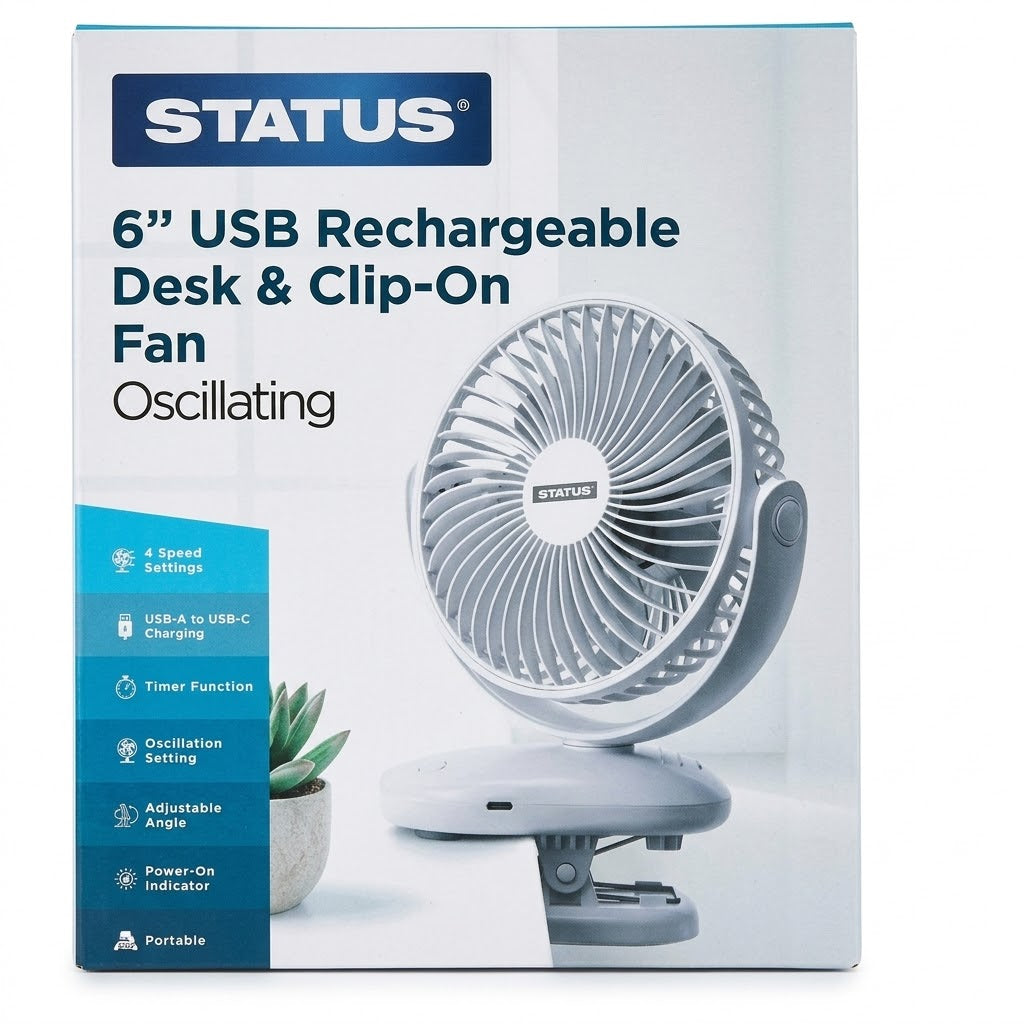 6" USB Rechargeable Desk &amp; Clip-On Oscillating Fan, 4-Speed, Timer, SKU ST213/CF6