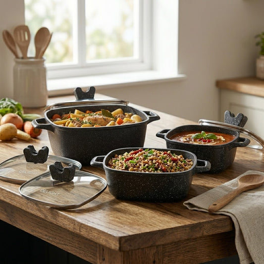 Die Cast Casserole Black 3-Piece Set – 20cm, 24cm, 28cm with Glass Lids, SKU DL901512