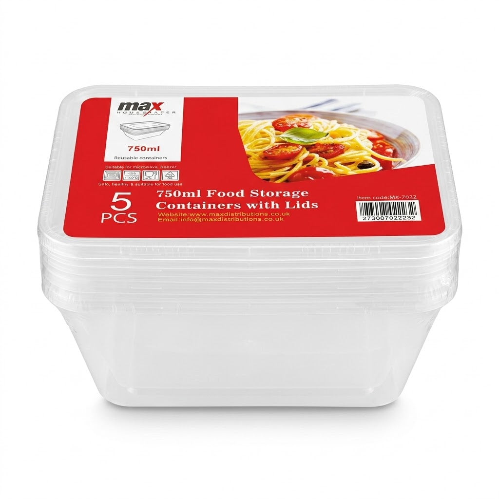 750ml Microwave Food Storage Containers, Pack of 5, Polypropylene, 18 x 13 x 9cm, 125g, SKU MX7022