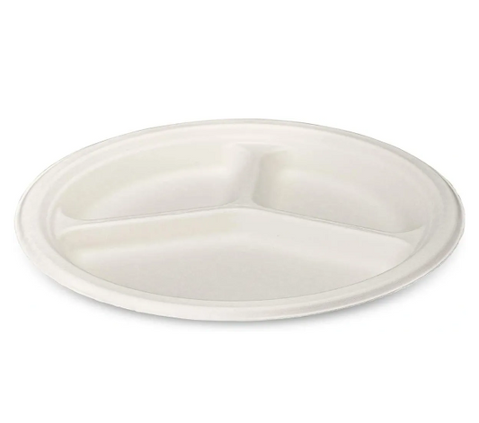 Disposable Compostable Eco-Bio Bagasse Sugarcane 3 Compartment Plates 10" Pack of 8 EC1963 (Parcel Rate)
