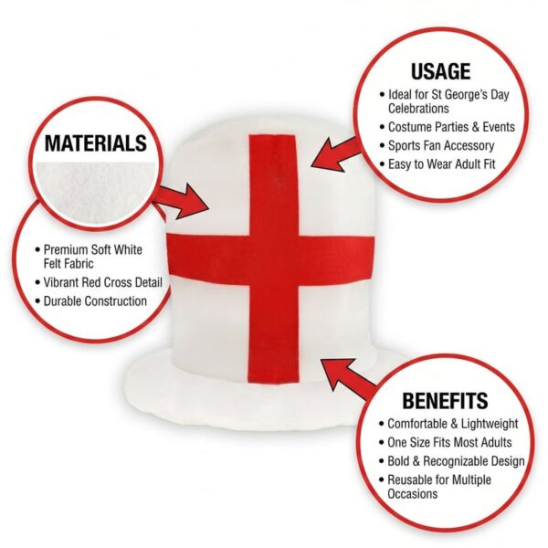 England St. George's Cross Top Hat Adult White Red Cross Fancy Dress Accessory SKU H24440