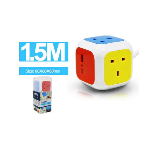 ExtraStar 4 Way Magic Cube Socket with USB Slots 1.5M Assorted Colours KFES04UW