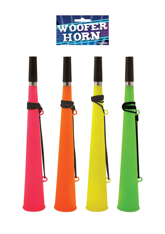Large Plastic Carnival Party Woofer Horn with String 37cm Assorted Colours N52198 (Parcel Rate)