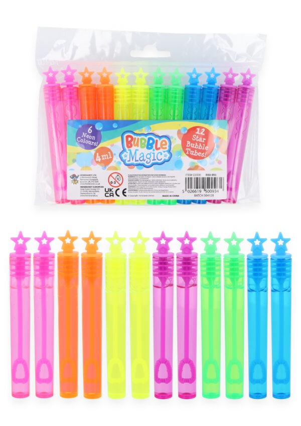 Neon Star Party Bubble Tubles (4ml/10.5cm) 6 Assorted Neaon Colours SKU R50093