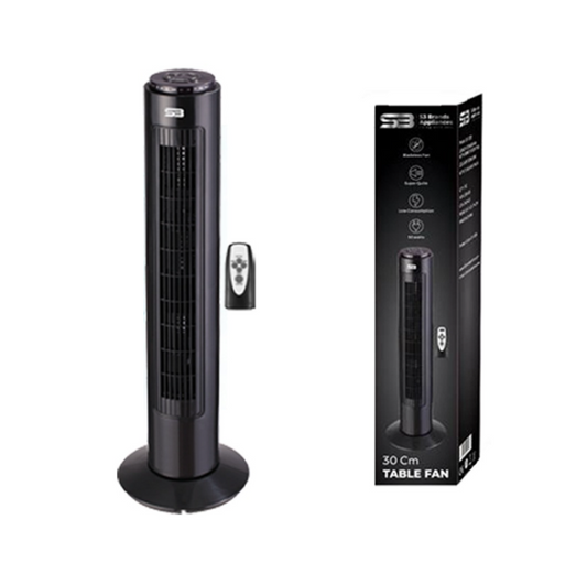 S3 29 Inch Tower Fan with Remote 16.3 x 14.5 x 74 cm 220 - 240V Black S31005 / F29 (Big Parcel Rate)
