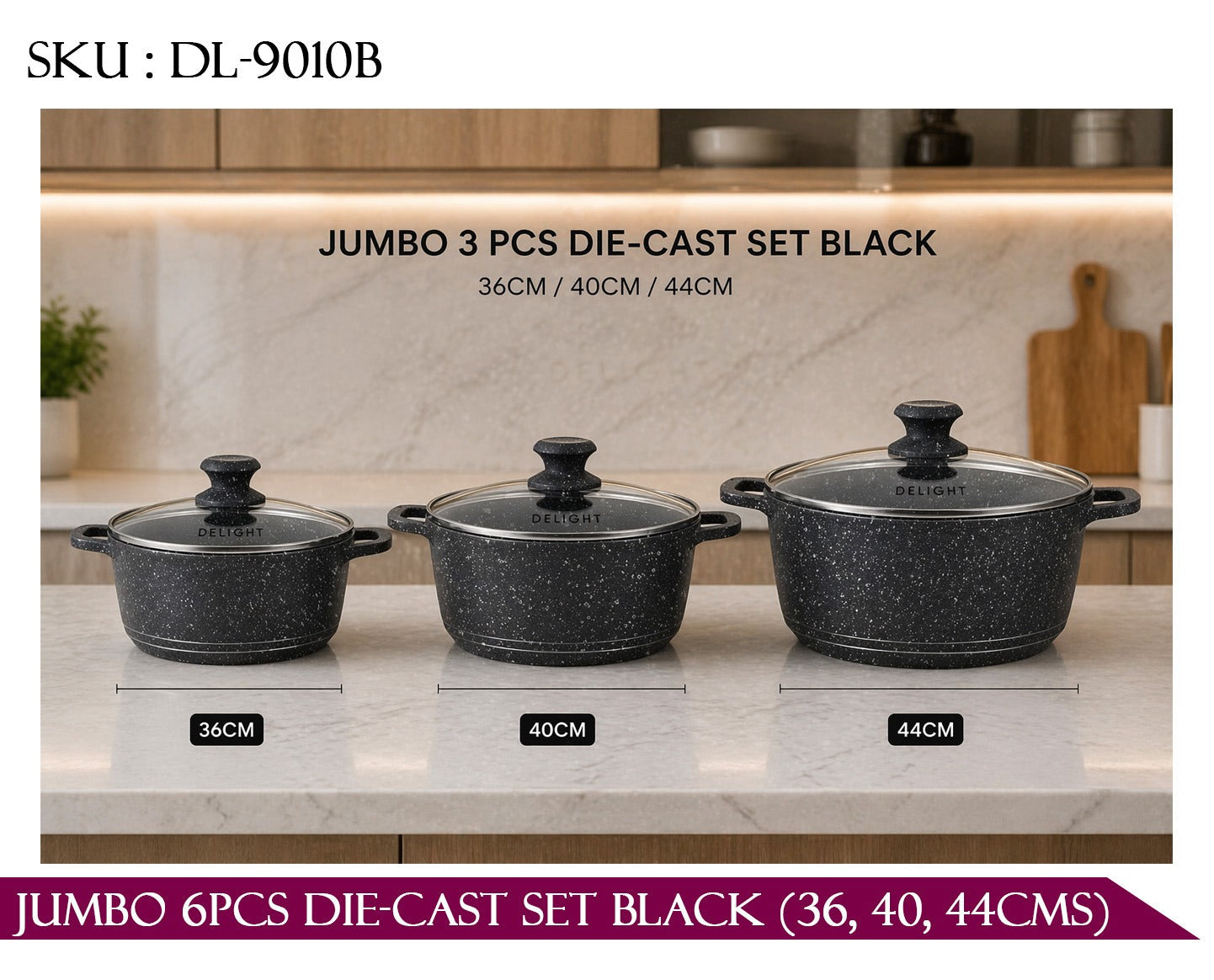 Jumbo 3-Piece Die-Cast Cookware Set with Glass Lids, Black Speckled, 36cm/40cm/44cm, SKU DL9010B