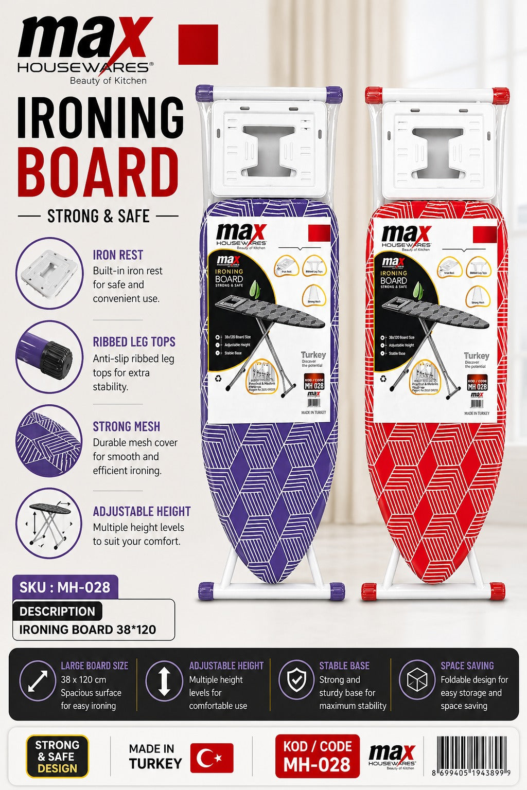 Max Housewares Ironing Board 38 x 120cm Adjustable Height Mesh Surface White Legs SKU MH-028