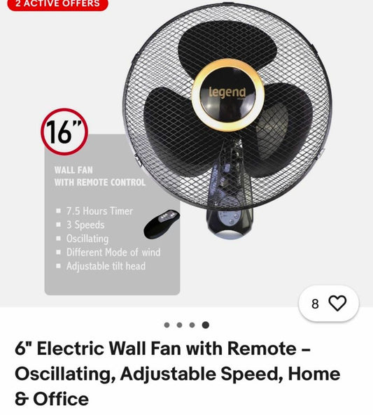 Legend Gold 3 speeds 16 " Remote Control Wall Fan Oscilating 7.50 Timmer SKU 0344 W16
