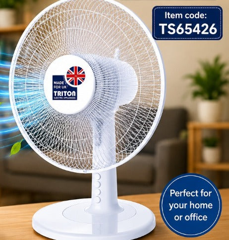 Triton 12" Oscillating Table Fan, 35W Desk Fan with 3 Speed Settings, Adjustable Tilt, White, SKU F17.50
