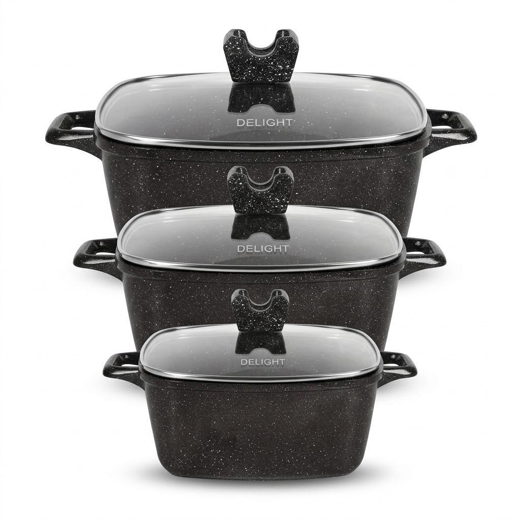 Die Cast Casserole Black 3-Piece Set – 20cm, 24cm, 28cm with Glass Lids, SKU DL901512