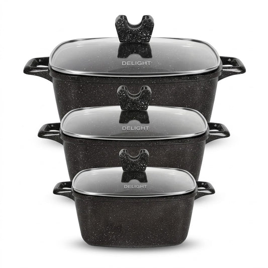 Die Cast Casserole Black 3-Piece Set – 20cm, 24cm, 28cm with Glass Lids, SKU DL901512