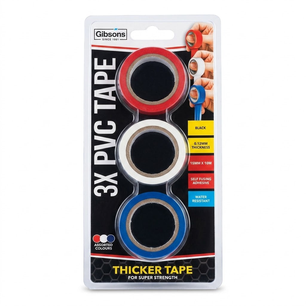 Black PVC Tape Roll 15mm x 10m Self-Fusing Water-Resistant Pack of 3, SKU TPVCOL
