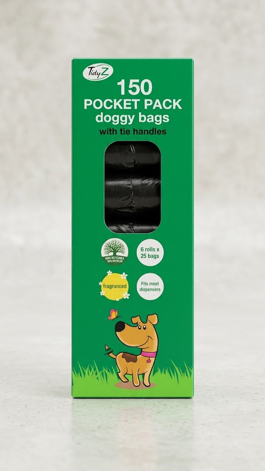 150 Pocket Pack Doggy Bags With Tie Handles 19 x 7 x 4cm 175g