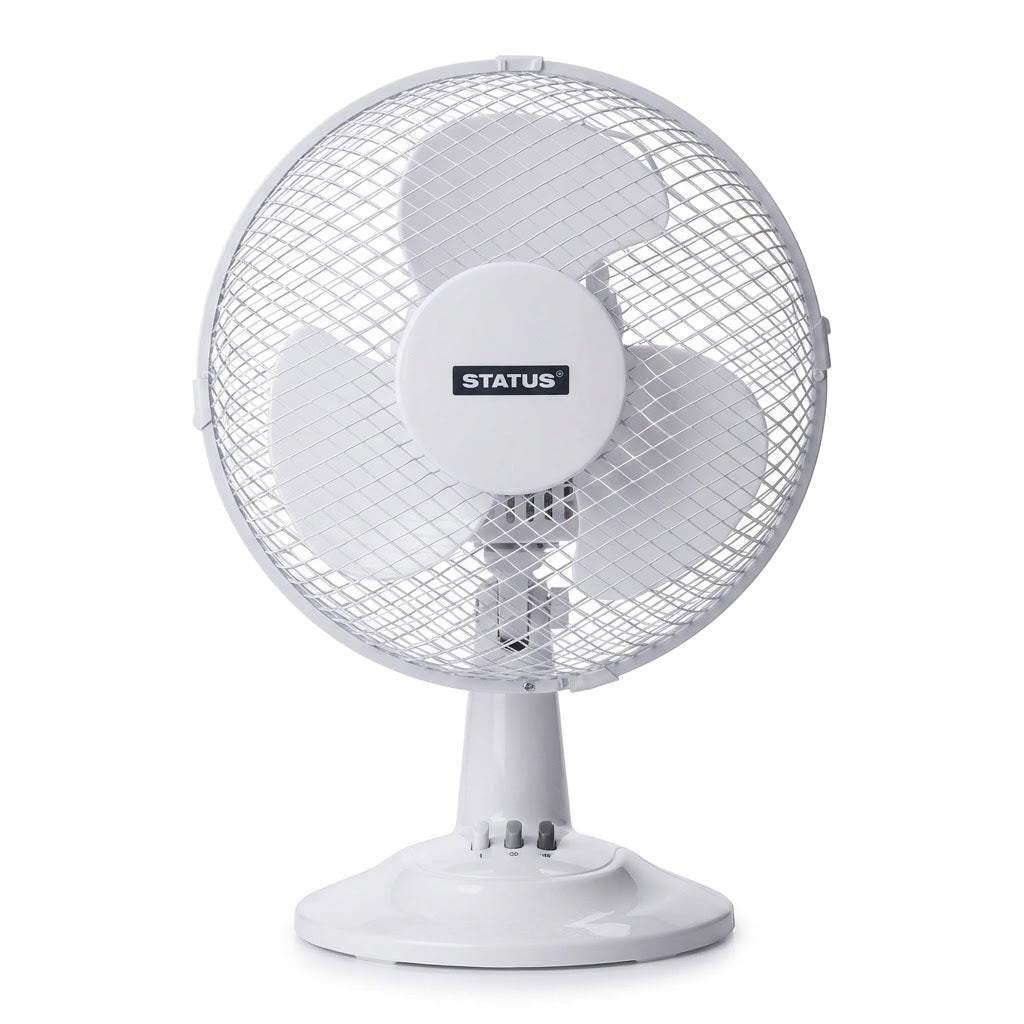 Status 9" Oscillating Desk Fan – 2 Speed Settings, Adjustable Tilt, Portable with Carry Handle, 22W, White – SKU S9DESKFANPKB/TB9