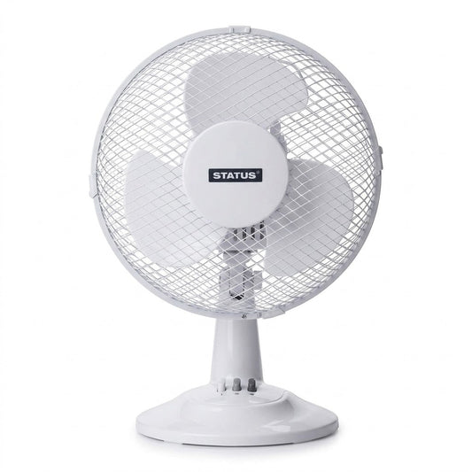 Status 9" Oscillating Desk Fan – 2 Speed Settings, Adjustable Tilt, Portable with Carry Handle, 22W, White – SKU S9DESKFANPKB/T9