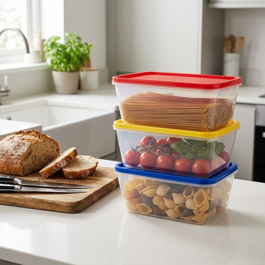 1000ml Food Storage Containers with Lids, 8-Piece Set, Rectangular, Colour-Coded, Stackable, Food-Safe Plastic, SKU MX7039
