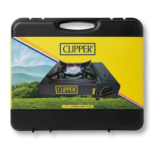 Clipper Portable Camp Stove for Outdoor Cooking Piezo Ignition Butane Gas Black Carry Case Fits 12-26cm Pans SKU MW-8412766131454-PP