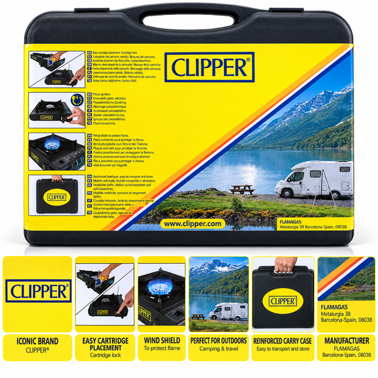 Clipper Portable Camp Stove for Outdoor Cooking Piezo Ignition Butane Gas Black Carry Case Fits 12-26cm Pans SKU MW-8412766131454-PP