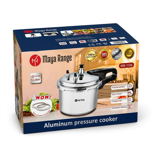 Maya Range Aluminium Pressure Cooker for Fast Induction Cooking 5 Litre 22cm Extra Gasket SKU MW-MR1136-PP