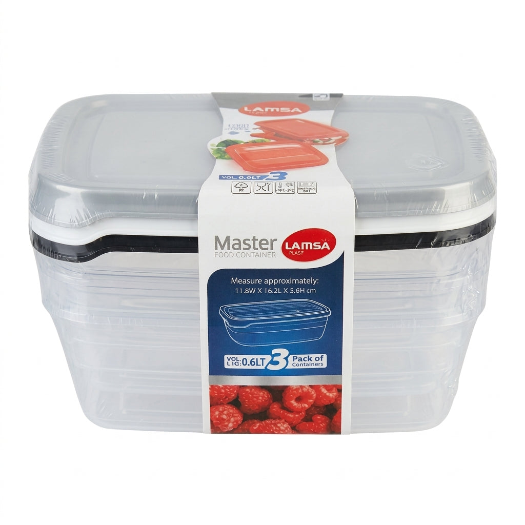 Lamsa Master Plastic Food Containers for Organised Kitchen Storage 3 Pack Stackable 0.6L 11.8x16.2x5.6cm BPA-Free Grey/Clear 160g SKU MW-6222045906268-PP