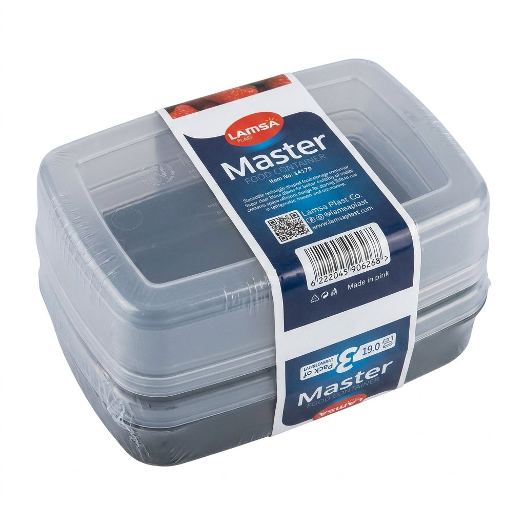 Lamsa Master Plastic Food Containers for Organised Kitchen Storage 3 Pack Stackable 0.6L 11.8x16.2x5.6cm BPA-Free Grey/Clear 160g SKU MW-6222045906268-PP